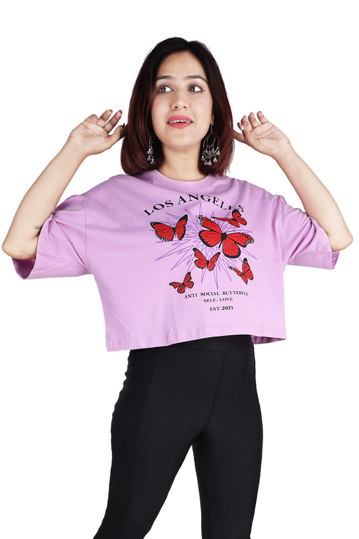 Women Printed Casual Pink Crop T-Shirt