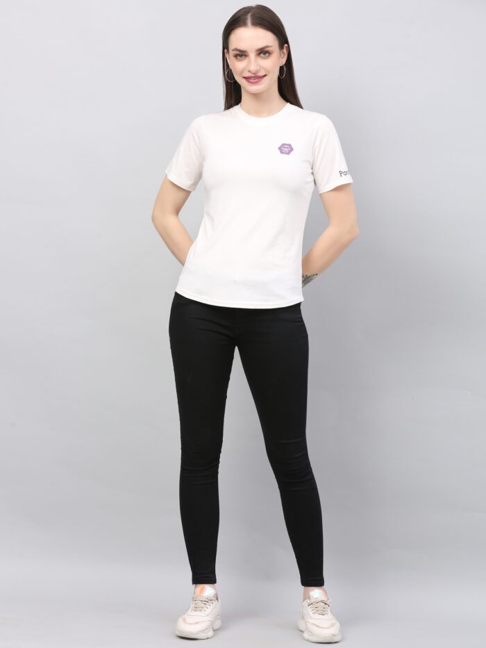 Women Solid Round Neck Polyester White T-Shirt