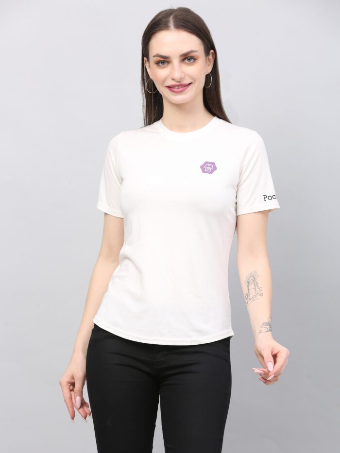 Women Solid Round Neck Polyester White T-Shirt