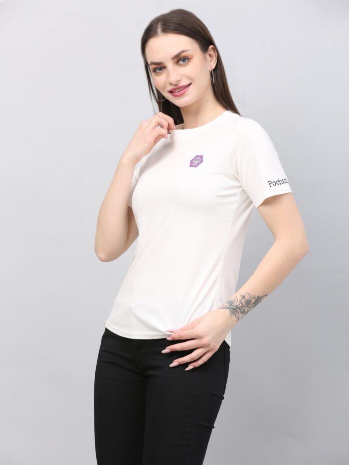 Women Solid Round Neck Polyester White T-Shirt