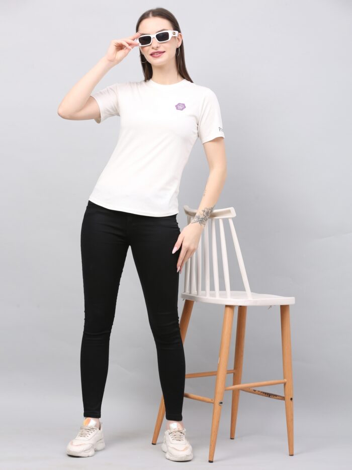 Women Solid Round Neck Polyester White T-Shirt