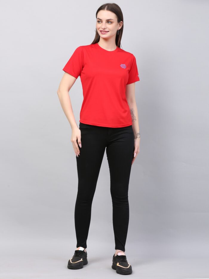 Women Solid Round Neck Polyester Red T-Shirt