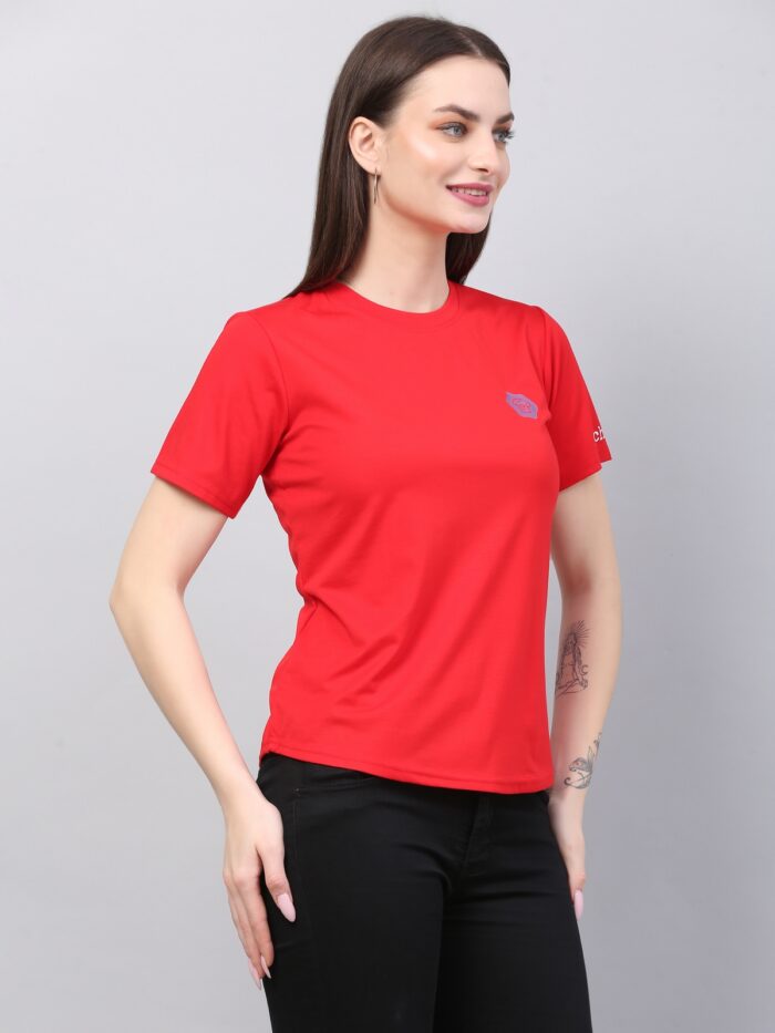 Women Solid Round Neck Polyester Red T-Shirt