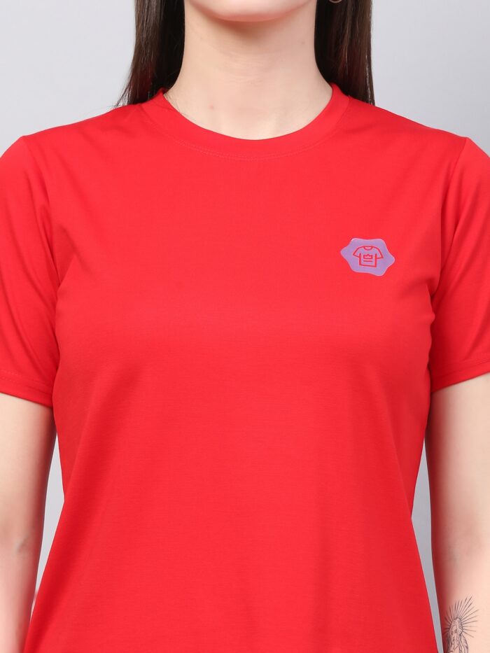 Women Solid Round Neck Polyester Red T-Shirt