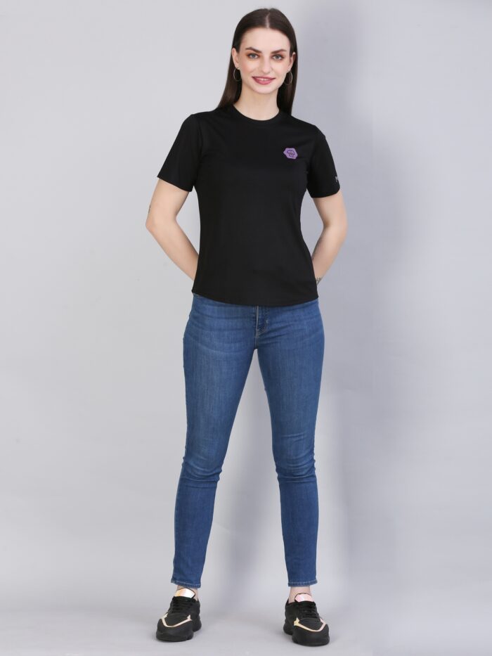 Women Solid Round Neck Polyester Black T-Shirt