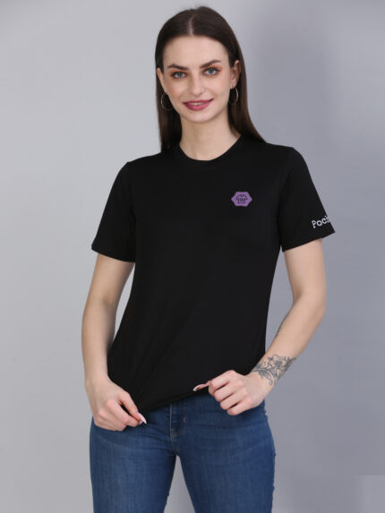 Women Solid Round Neck Polyester Black T-Shirt