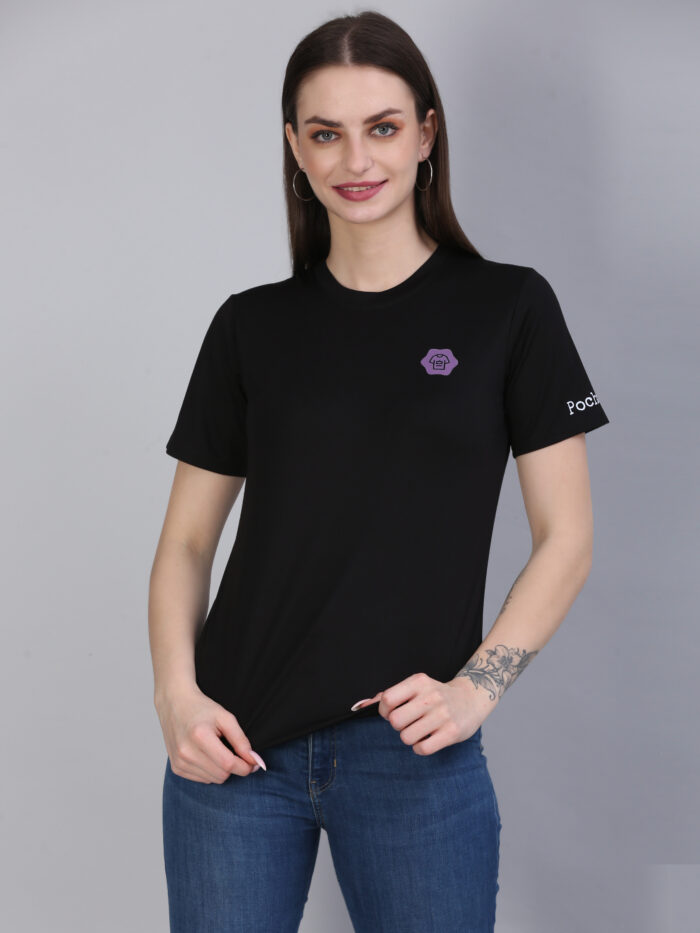 Women Solid Round Neck Polyester Black T-Shirt