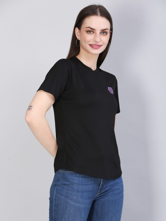 Women Solid Round Neck Polyester Black T-Shirt