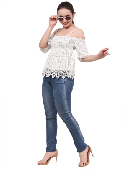 Buy-Bardot-Top-Online-in-India-Checked-Off-Shoulder-Crop-Top