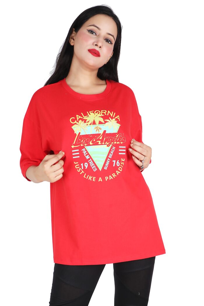 Printed Women Round Neck Loose Red T-Shirt