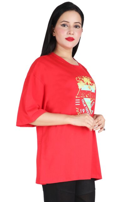 Printed Women Round Neck Loose Red T-Shirt