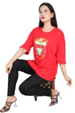 Printed Women Round Neck Loose Red T-Shirt