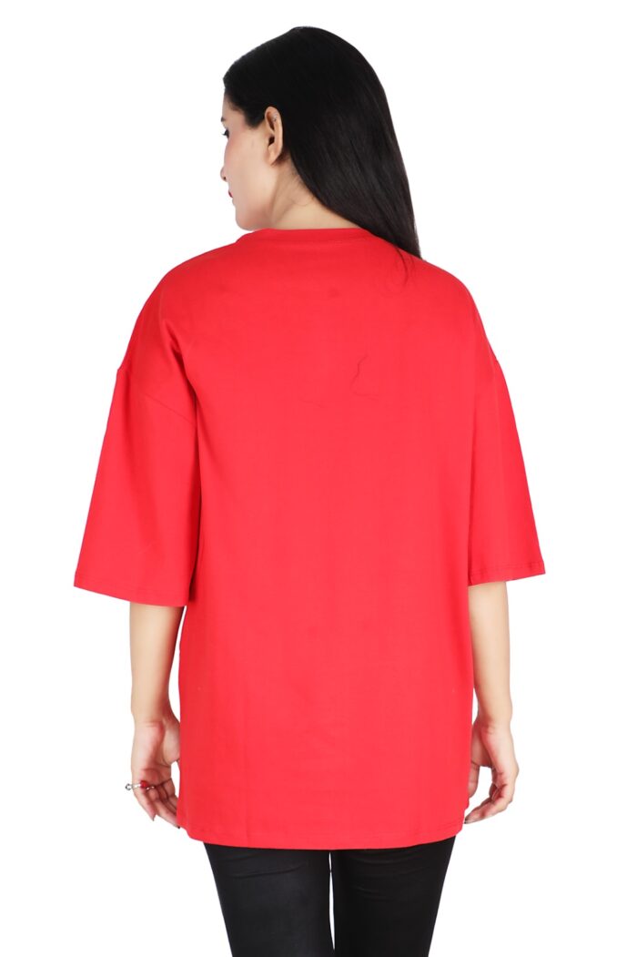 Printed Women Round Neck Loose Red T-Shirt