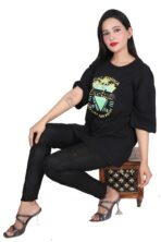 Printed Women Round Neck Loose Black T-Shirt