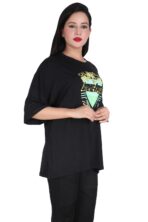Printed Women Round Neck Loose Black T-Shirt