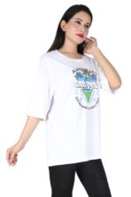Printed Women Round Neck Loose White T-Shirt