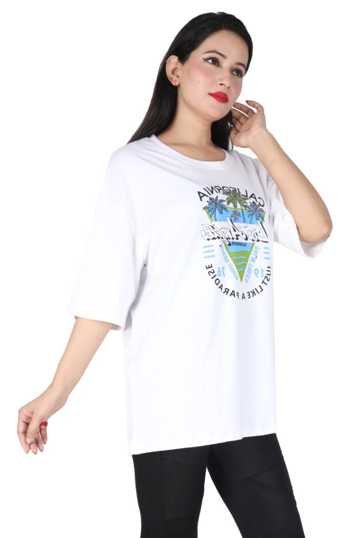 Printed Women Round Neck Loose White T-Shirt