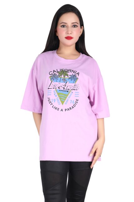 Printed Women Round Neck Loose Purple T-Shirt