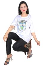 Printed Women Round Neck Loose White T-Shirt