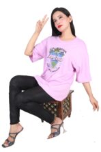 Printed Women Round Neck Loose Purple T-Shirt