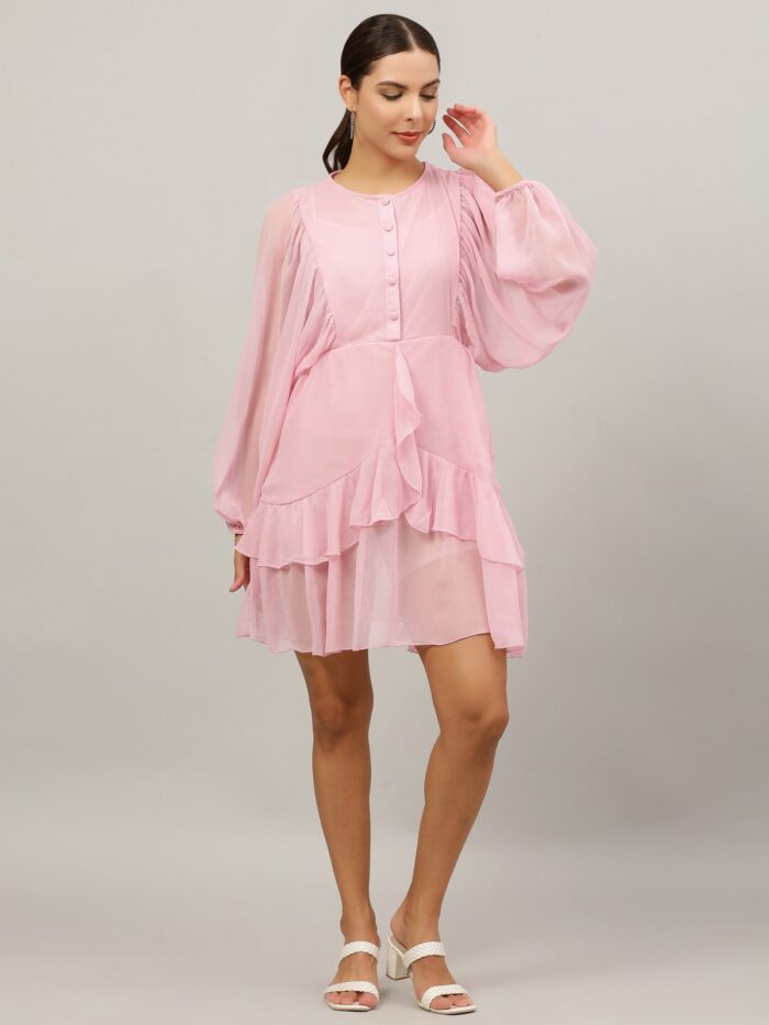 Women Ruffled Baby Pink Dress
