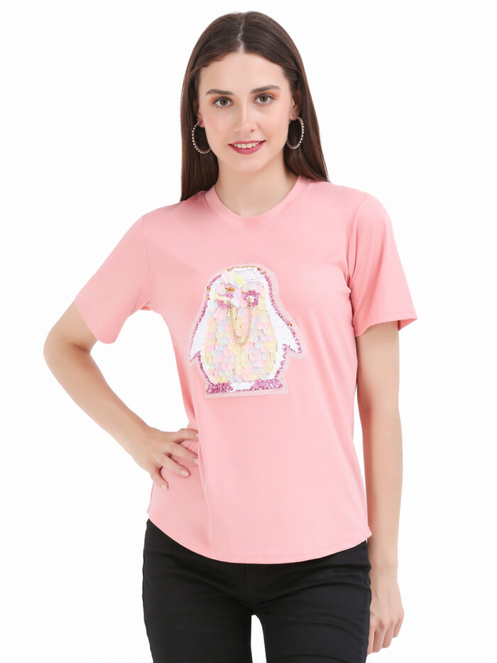Women Printed Round Peach Red T-Shirt