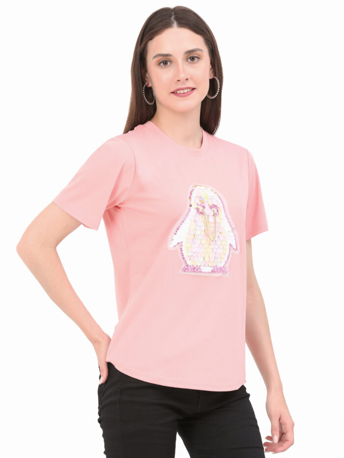 Women Printed Round Peach Red T-Shirt
