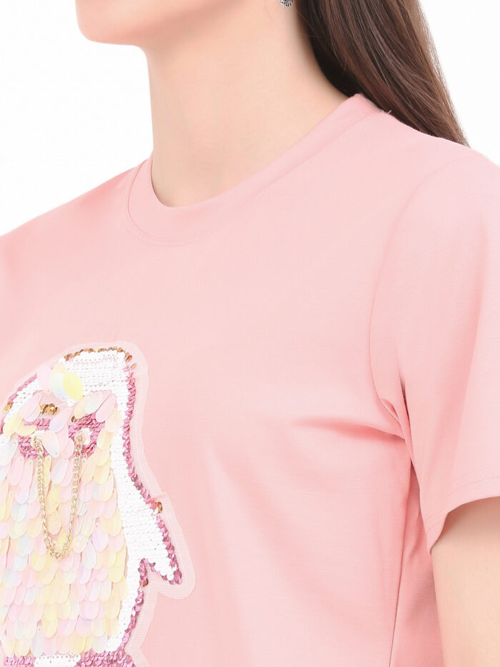 Women Printed Round Peach Red T-Shirt