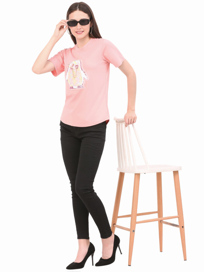 Women Printed Round Peach Red T-Shirt