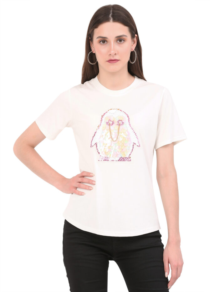 Women Printed Round White T-Shirt