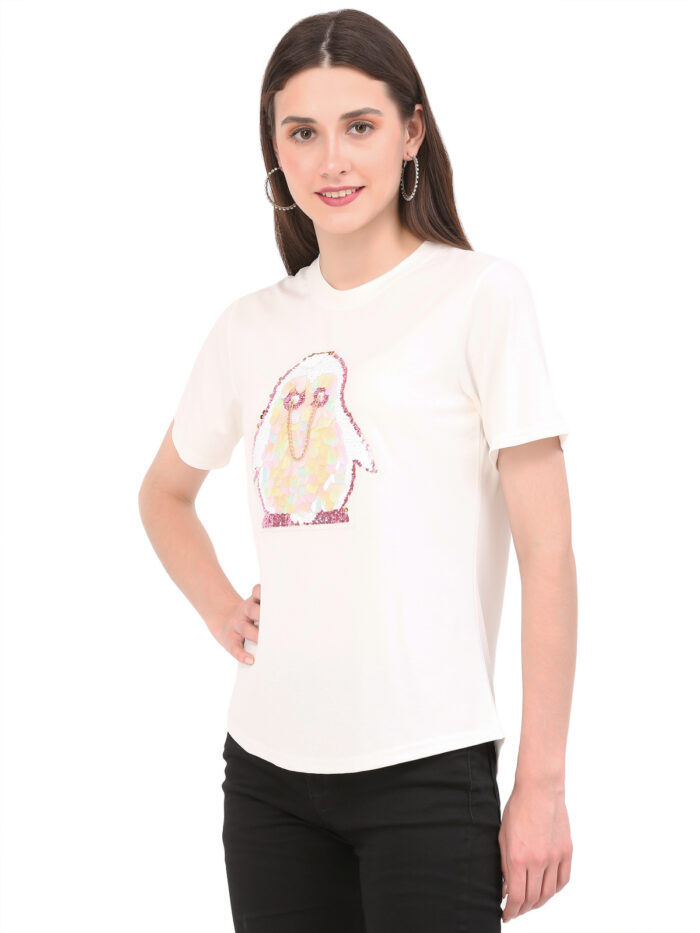 Women Printed Round White T-Shirt