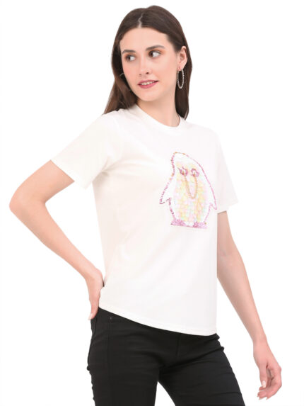 Women Printed Round White T-Shirt