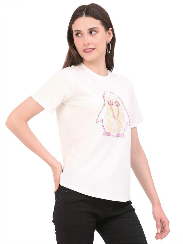 Women Printed Round White T-Shirt
