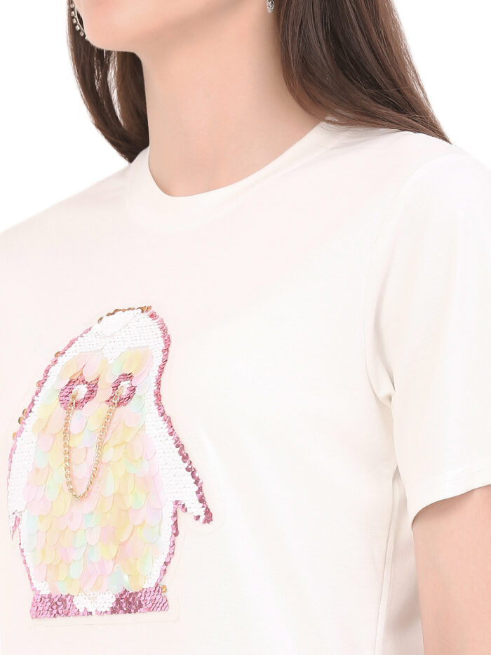 Women Printed Round White T-Shirt