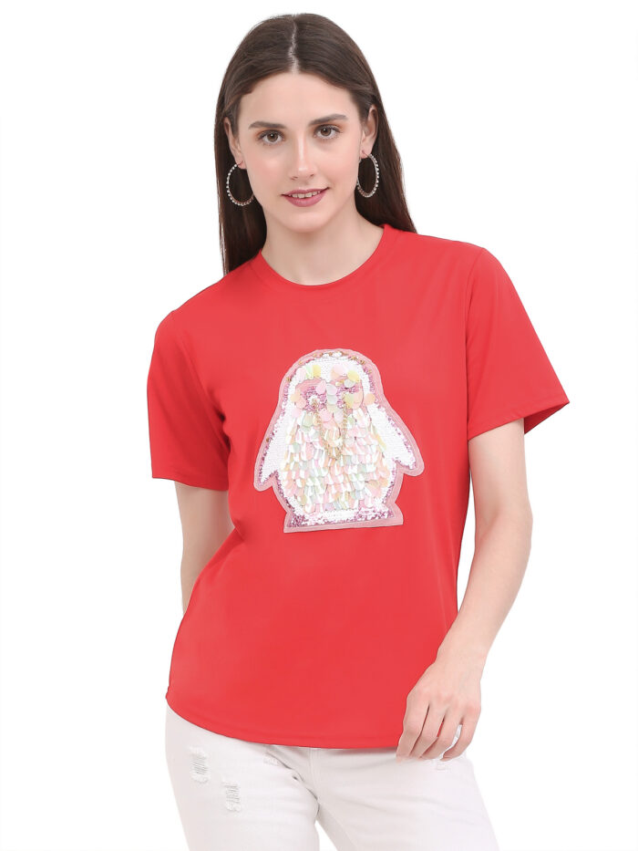 Women Printed Round Neck Red T-Shirt