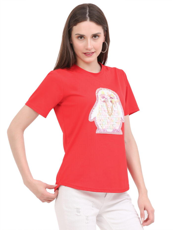 Women Printed Round Neck Red T-Shirt