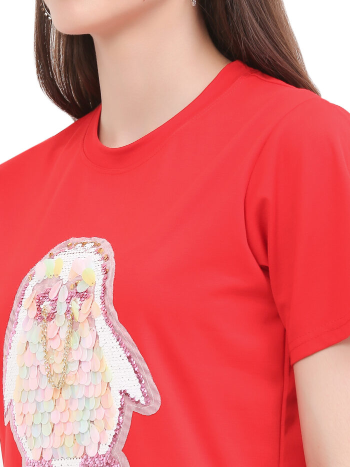 Women Printed Round Neck Red T-Shirt