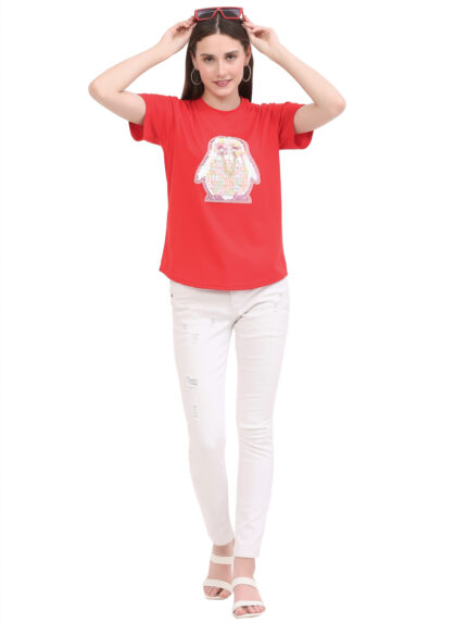 Women Printed Round Neck Red T-Shirt