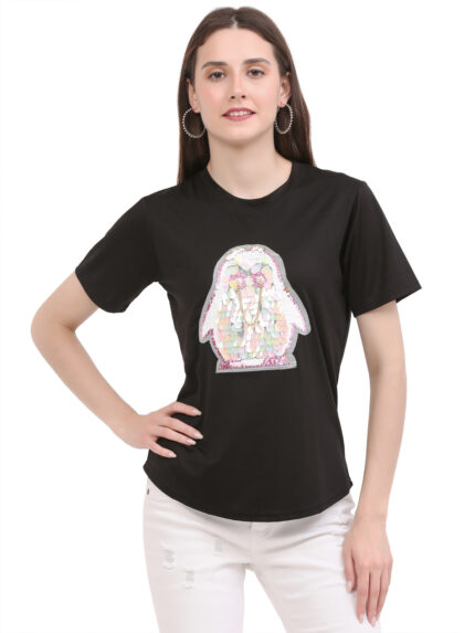 Women Printed Round Neck Black T-Shirt
