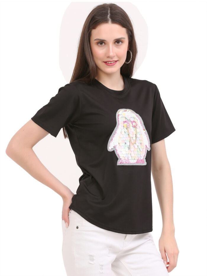 Women Printed Round Neck Black T-Shirt