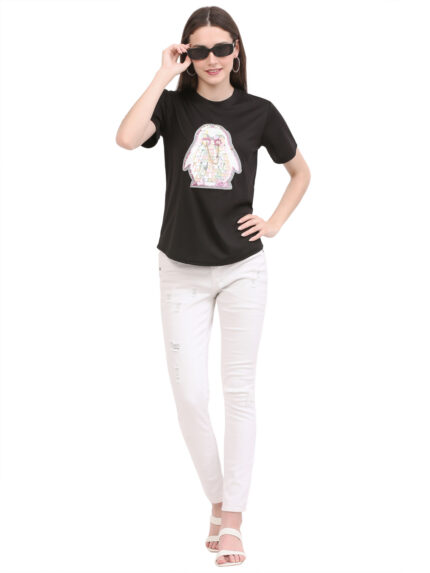 Women Printed Round Neck Black T-Shirt