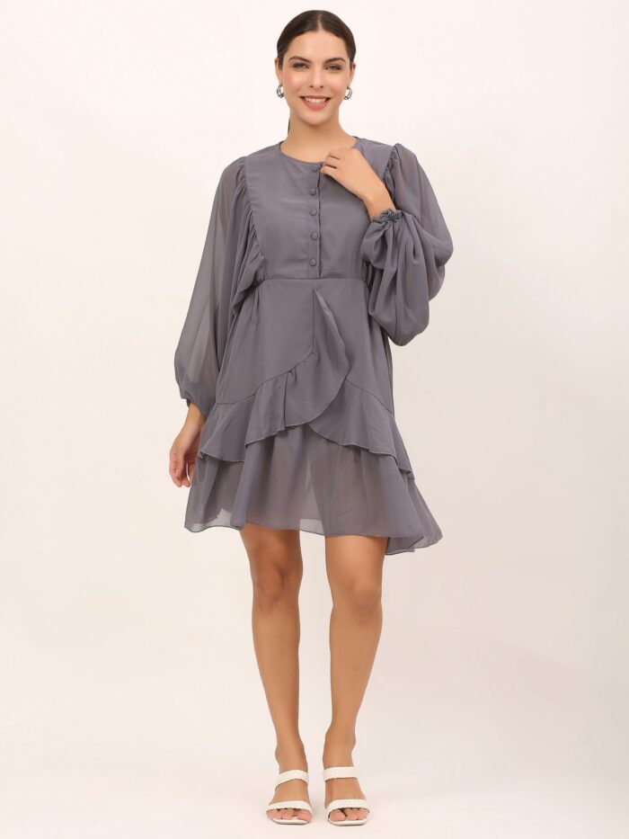 Women Ruffled Baby Grey Dress