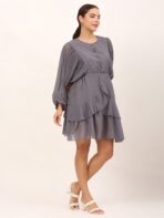 Women Ruffled Baby Grey Dress