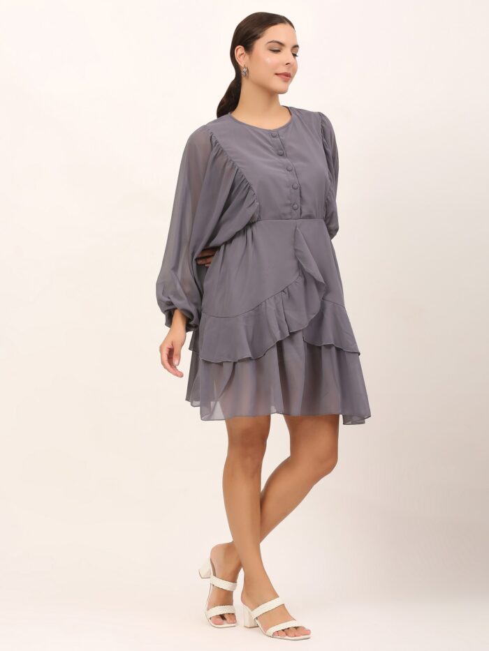 Women Ruffled Baby Grey Dress