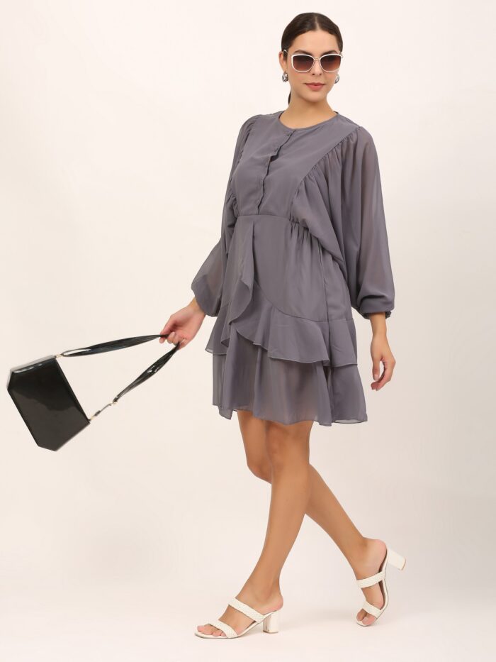 Women Ruffled Baby Grey Dress