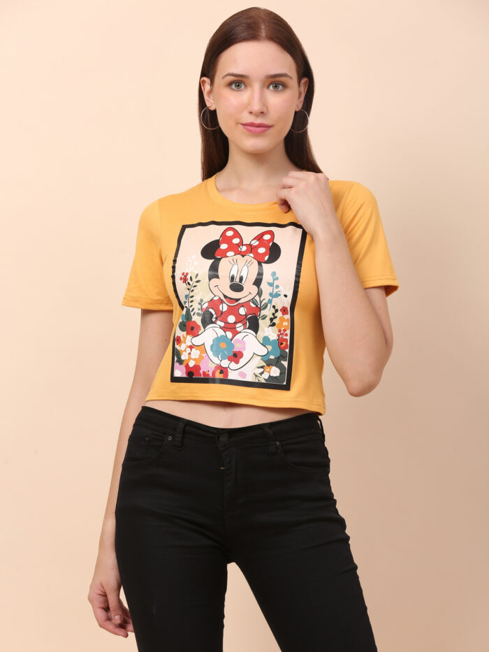 Women Printed Round Neck Yellow T-Shirt